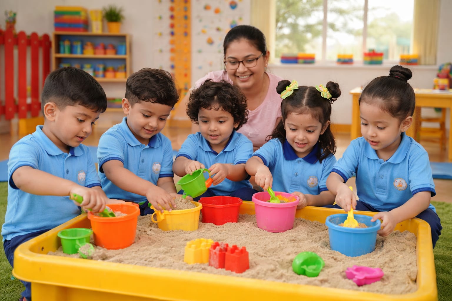 Children playing in the sandpit with their teacher