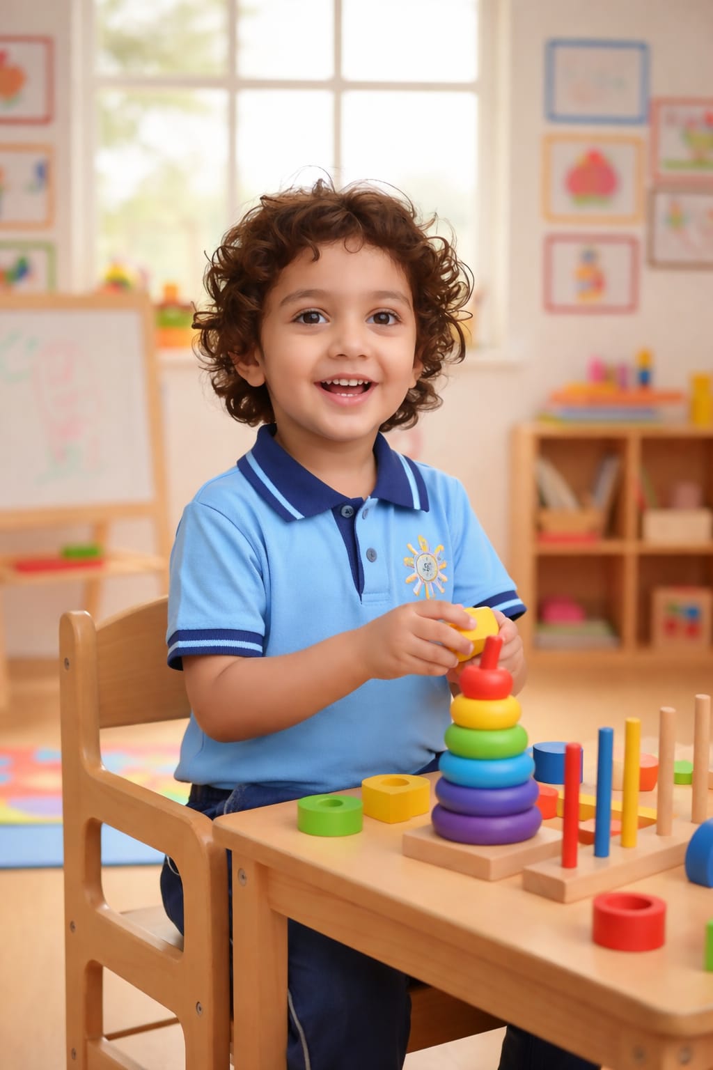 A young student smiling at a learning table
