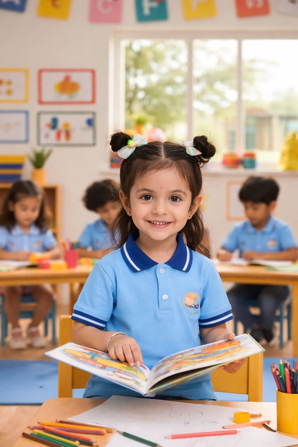 A student holding a colourful storybook