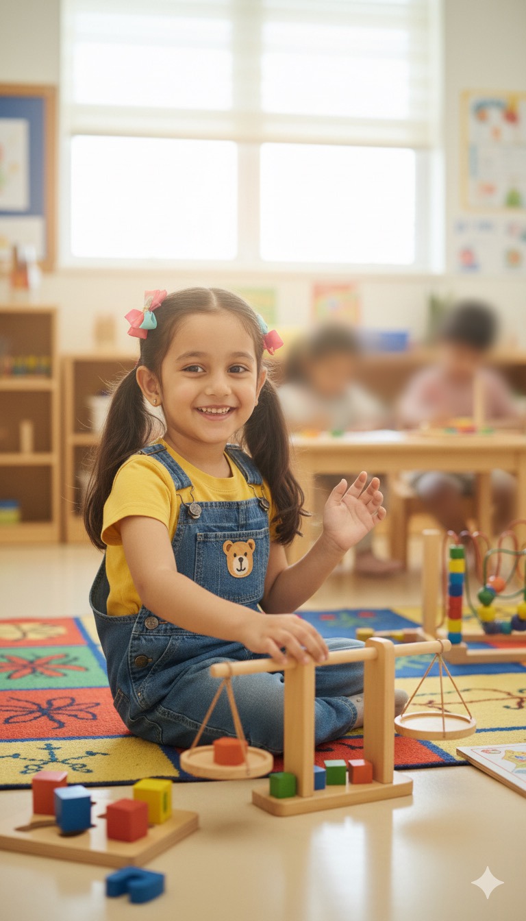 Child playing with a wooden balance toy