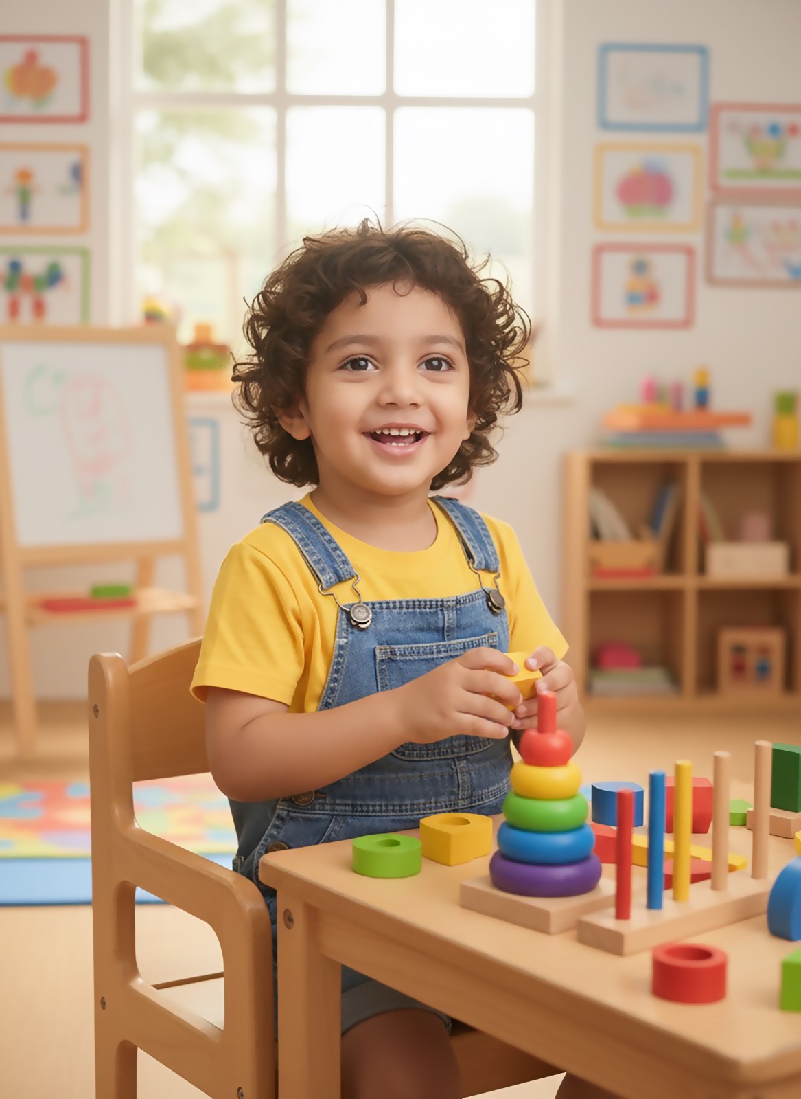 Child stacking colourful rings