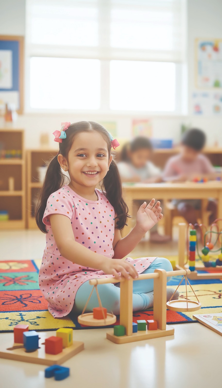 Smiling girl on a colourful playmat