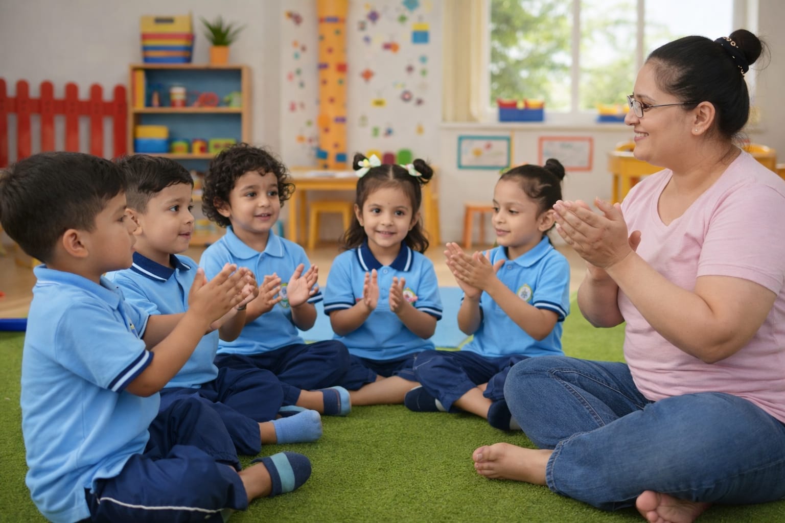 Children at Arise Preschool clapping in a morning circle with their teacher